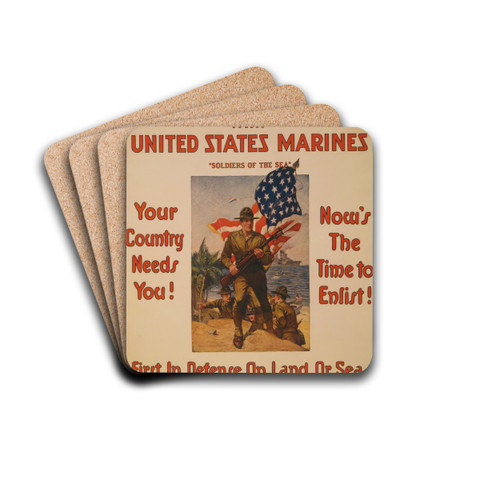 Rally 'round the flag with United States Marines 'Soldiers of the sea' First in defense on land or sea by Sidney Riesenberg Drink Coasters - set of 4