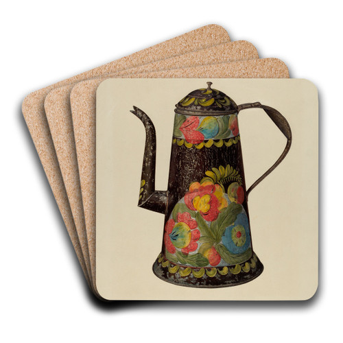Toleware Coffee Pot by Charles Henning Art Drink Coaster set Toleware Coffee Pot by Charles Henning Art Drink Coaster set