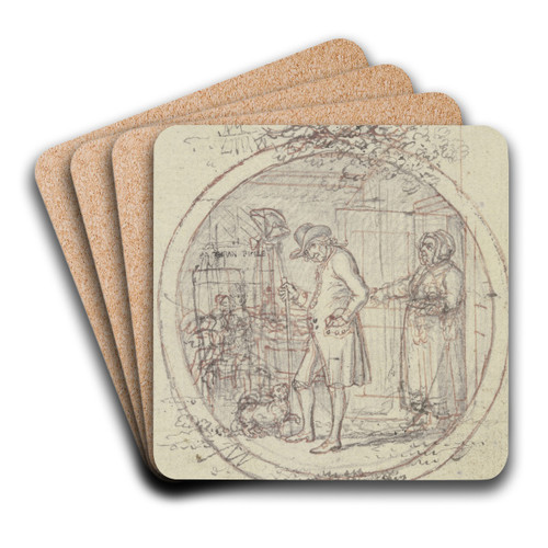 Ein gebeugter alter Mann mit Hut und Stock steht, nach links gewandt, in seinem Zimmer, das hinter ihm eine alte Magd mit Kaffeegeschirr und Hausschuhen betritt by Daniel Nikolaus Chodowiecki Art Drink Coaster set Ein gebeugter alter Mann mit Hut und Stock steht, nach links gewandt, in seinem Zimmer, das hinter ihm eine alte Magd mit Kaffeegeschirr und Hausschuhen betritt by Daniel Nikolaus Chodowiecki Art Drink Coaster set