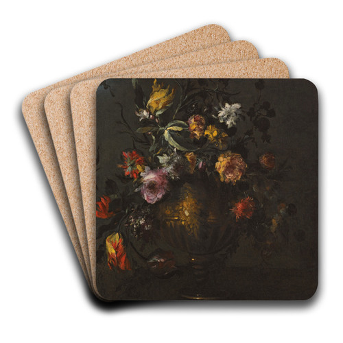 A Still Life Of Roses, Tulips And Other Flowers In A Bronze Vase On A Stone Ledge by Margherita Caffi Art Drink Coaster set