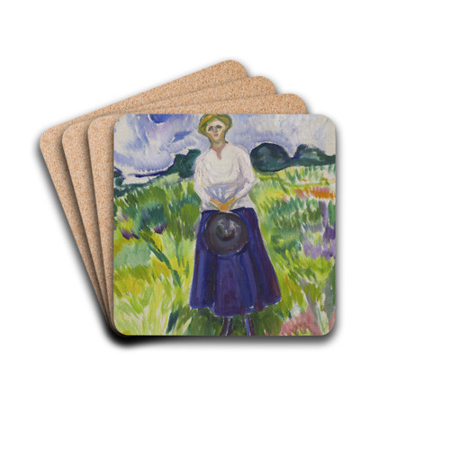 Woman in a Green Meadow by Edvard Munch Drink Coasters - set of 4