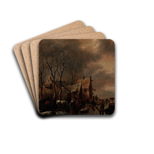 A winter landscape with figures on the ice by Nicolaes Molenaer Drink Coasters - set of 4