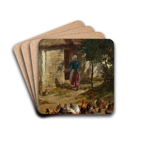 Hhner vor einem Bauernhaus by Constant Troyon Drink Coasters - set of 4