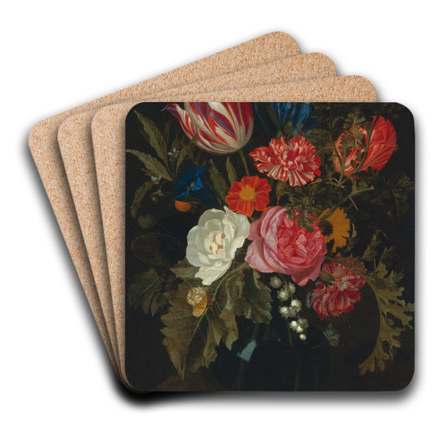 Still Life Of Roses, Carnations, A Tulip And Other Flowers In A Glass Vase by Maria van Oosterwijck Art Drink Coaster set