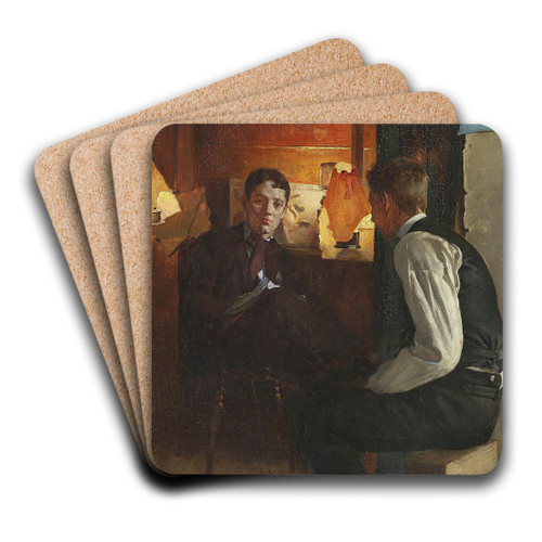 Interir med to unge mnd, lampelys by Gustav Vermehren Art Drink Coaster set