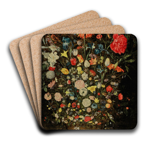 Still life with a large bouquet of flowers in a wooden bucket by Jan Brueghel the Younger Art Drink Coaster set