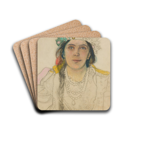 Portret Wandy Siemaszkowej w roli Panny Modej w 'Weselu' Stanisawa Wyspiaskiego by Stanisaw Wyspiaski Drink Coasters - set of 4