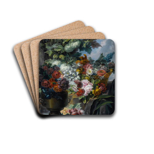 An Outdoor Scene With A Fountain, An Urn And A Basket Of Roses, Peonies, Poppies, Hydrangeas And Other Flowers by Miguel Parra Abril Drink Coasters - set of 4