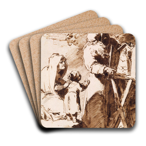 A Bearded Monk Showing a Portable Altar to a Praying Child, with an Old Woman Kneeling by Pietro Antonio Novelli Art Drink Coaster set