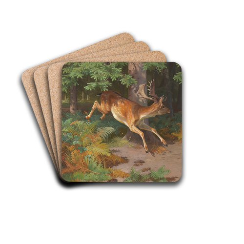 Skovparti med kronvildt i en lysning by Adolf Mackeprang Drink Coasters - set of 4