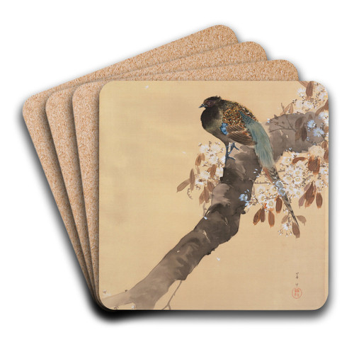 Pheasant on cherry blossom branch by Ohara Koson Art Drink Coaster set