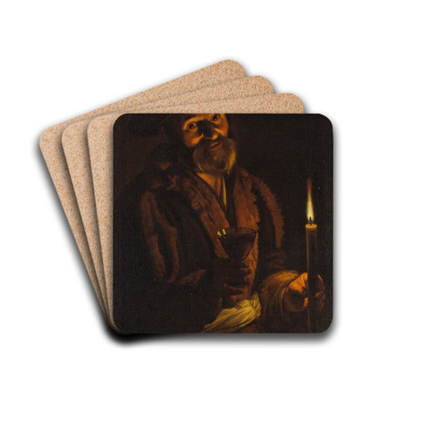 Old Man Holding a Candle and a Glass by Adam de Coster Drink Coasters - set of 4 Old Man Holding a Candle and a Glass by Adam de Coster Drink Coasters - set of 4