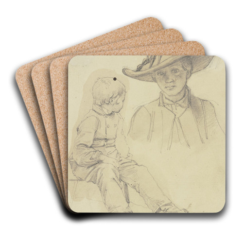 Studienblatt; Sitzender Junge im verlorenen Profil und Brustbild einer jungen Frau mit Hut by Jakob Becker Art Drink Coaster set