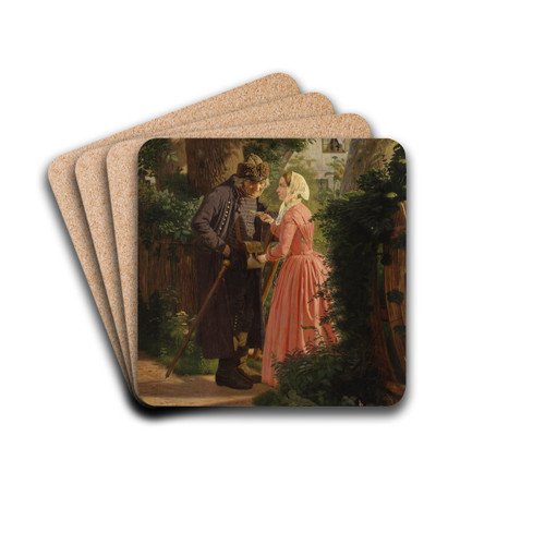En ung pige beder landsbyens gamle postbud besrge et brev by Christen Dalsgaard Drink Coasters - set of 4