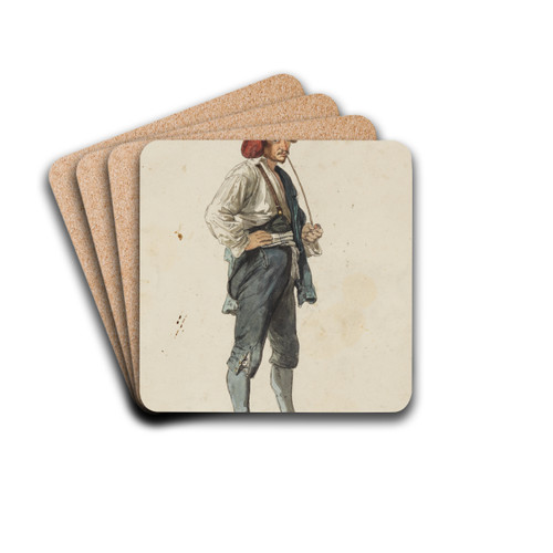 Italiener mit roter Zipfelmtze, eine langstielige Pfeife rauchend by Johann Baptist Kirner Drink Coasters - set of 4