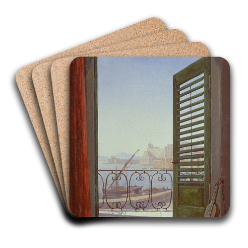 Balcony Room with a View of the Bay of Naples (via Santa Lucia and the Castel dell'Ovo) by Carl Gustav Carus Art Drink Coaster set