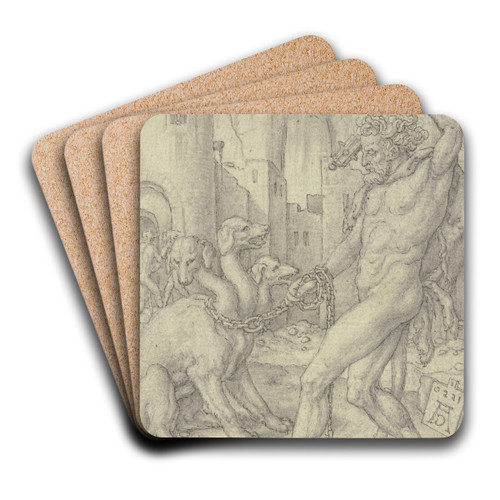 Herkules holt den Zerberus aus der Unterwelt by Heinrich Aldegrever Art Drink Coaster set Herkules holt den Zerberus aus der Unterwelt by Heinrich Aldegrever Art Drink Coaster set