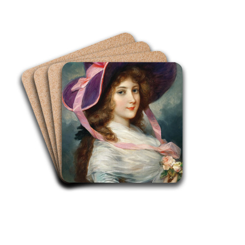 Portrait of a Lady with a Purple Hat and Roses by Lucius Rossi Drink Coasters - set of 4 Portrait of a Lady with a Purple Hat and Roses by Lucius Rossi Drink Coasters - set of 4