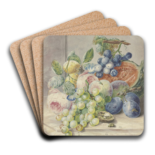 Fruchtstck mit einer aufgeschnittenen Melone und zwei Rosen, Trauben, Pfirsichen, Pflaumen und einer Walnuss by Paul Theodor Van Brussel Art Drink Coaster set Fruchtstck mit einer aufgeschnittenen Melone und zwei Rosen, Trauben, Pfirsichen, Pflaumen und einer Walnuss by Paul Theodor Van Brussel Art Drink Coaster set