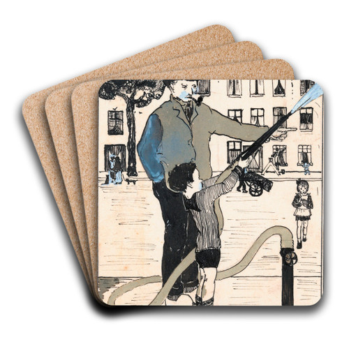 Jongen met brandslang op straat by A. Tinbergen Art Drink Coaster set Jongen met brandslang op straat by A. Tinbergen Art Drink Coaster set