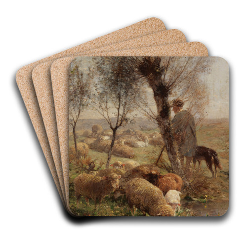 Schfer mit Hund und Herde unter Weidenbumen am Wasser by Heinrich Von Zgel Art Drink Coaster set