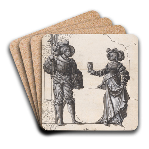 Scheibenriss mit Frau, die einem Hellebardier den Willkommtrunk reicht, und leerem Wappenschild by Hans Rudolf Manuel Art Drink Coaster set