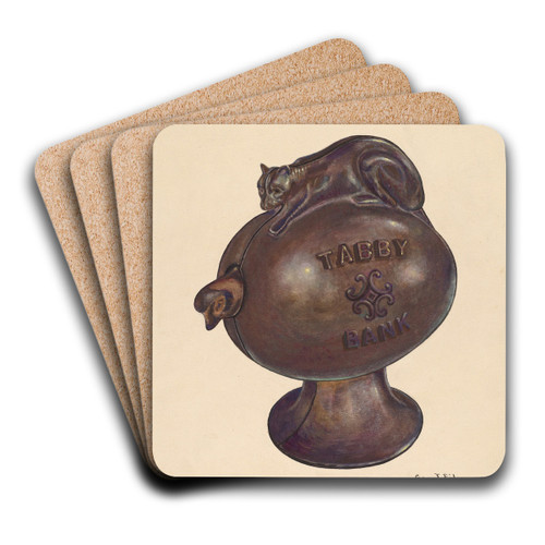 Toy Bank - Tabby Cat by George File Art Drink Coaster set
