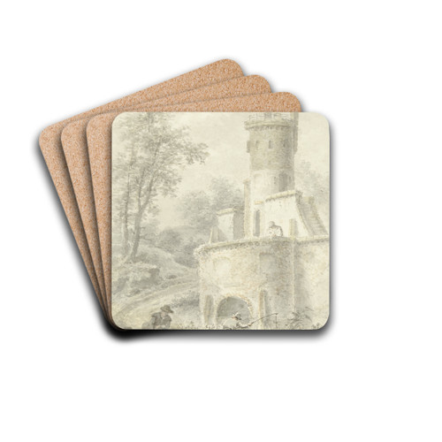 Landschap met hengelaar en wandelende vrouw bij een vestingtoren by Pieter Bartholomeusz. Barbiers Drink Coasters - set of 4 Landschap met hengelaar en wandelende vrouw bij een vestingtoren by Pieter Bartholomeusz. Barbiers Drink Coasters - set of 4