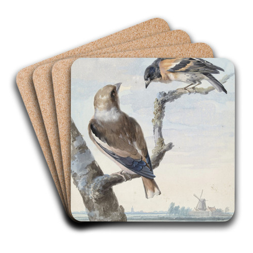 Twee vogels; een appelvink (Coccothraustes coccothraustes) en een keep (Fringilla montifringilla) by Aert Schouman Art Drink Coaster set