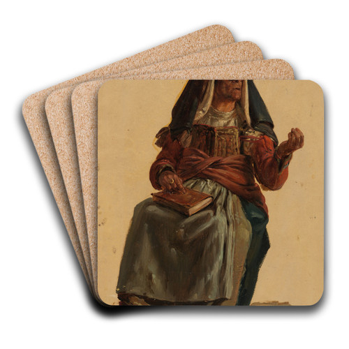 Sitzende alte Italienerin mit einem Buch im Scho by Johann Baptist Kirner Art Drink Coaster set