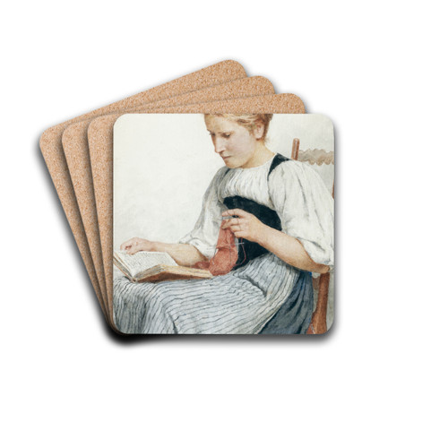 Knitting Girl Reading by Albert Anker Drink Coasters - set of 4