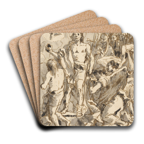 The Baptism of Christ (with Christ Half-Kneeling at Left, His Back Turned, and the Baptist Full-Faced at Center, Looking Up) by Giovanni Domenico Tiepolo Art Drink Coaster set