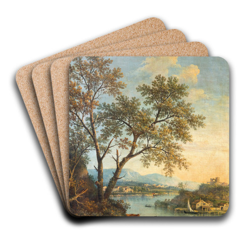 A river landscape with a herdsman in the foreground and a village beyond by Giovanni Battista Cimaroli Art Drink Coaster set