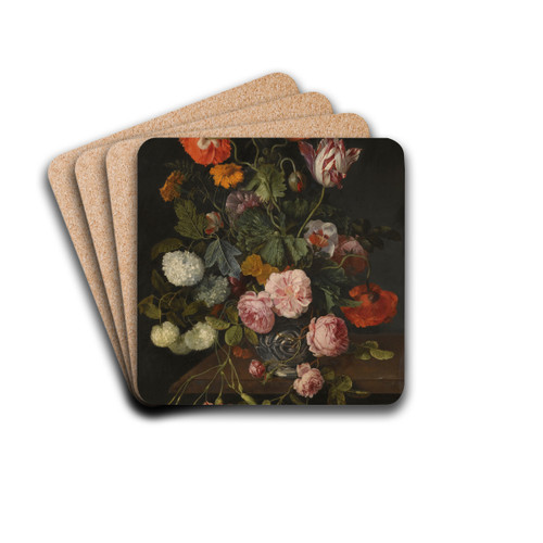A Still Life With Parrot Tulips, Poppies, Roses, Snow Balls, And Other Flowers In A Glass Vase OverA Stone Ledge by Cornelis Kick Drink Coasters - set of 4 A Still Life With Parrot Tulips, Poppies, Roses, Snow Balls, And Other Flowers In A Glass Vase OverA Stone Ledge by Cornelis Kick Drink Coasters - set of 4