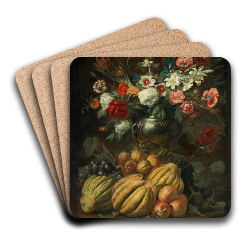 Flowers in a vase and fruit on a table by Abraham Brueghel Art Drink Coaster set