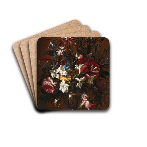 Carnations, roses, lilies and other flowers in a vase on a ledge by Jean-Baptiste Monnoyer Drink Coasters - set of 4