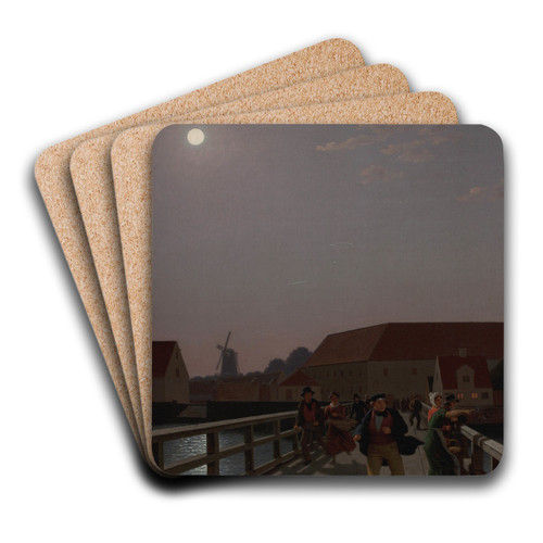 Langebro, Copenhagen, in the Moonlight with Running Figures by Christoffer Wilhelm Eckersberg Art Drink Coaster set