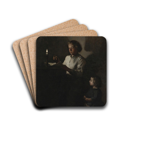Reading by candlelight by Thodule Ribot Drink Coasters - set of 4 Reading by candlelight by Thodule Ribot Drink Coasters - set of 4