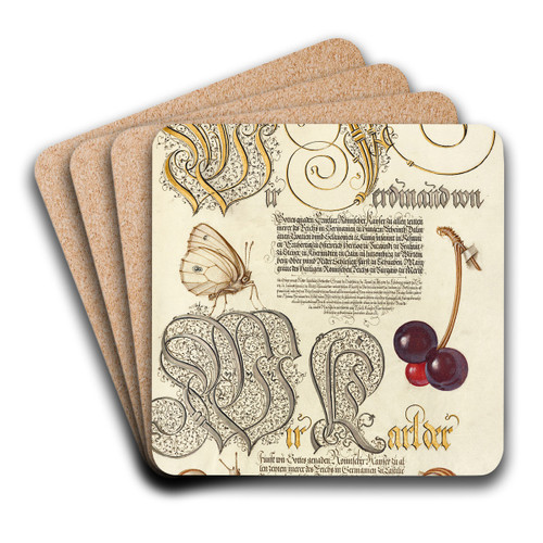Butterfly, Sweet Cherry, and Land Snails by Joris Hoefnagel Art Drink Coaster set
