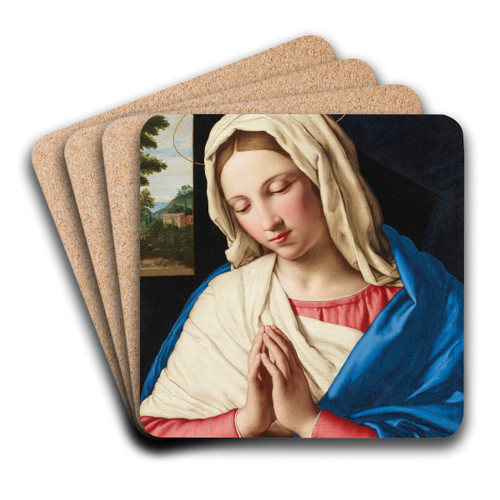 The Madonna at prayer, a landscape beyond by Giovanni Battista Salvi da Sassoferrato Art Drink Coaster set