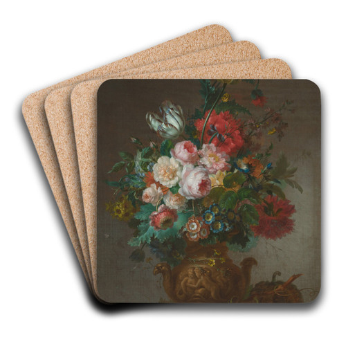Still life with tulips and peonies in a vase on a ledge with fruit by Willem van Leen Art Drink Coaster set Still life with tulips and peonies in a vase on a ledge with fruit by Willem van Leen Art Drink Coaster set