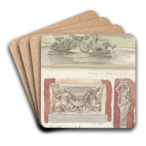 Drie schetsen van sculpturen in het Muse des Arts-Decoratifs te Parijs by Wilhelm Cornelis Bauer Art Drink Coaster set