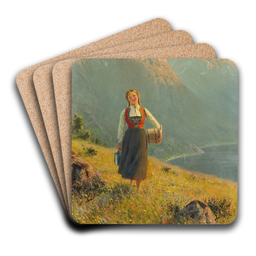 Young Girl By A Fjord by Hans Dahl Art Drink Coaster set