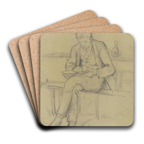 Schreibender junger Mann in einer Gartenwirtschaft by Gustav Schraegle Art Drink Coaster set Schreibender junger Mann in einer Gartenwirtschaft by Gustav Schraegle Art Drink Coaster set