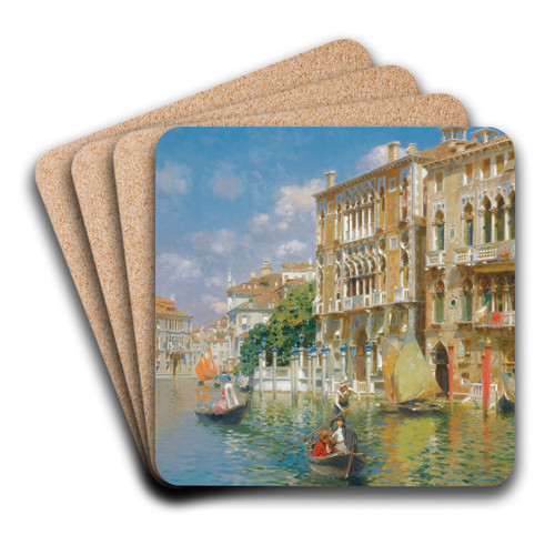 Gondoliers In Front Of The Palazzo Cavalli-Franchetti, Venice by Rubens Santoro Art Drink Coaster set