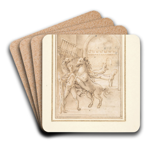 An Allegory; Male Nude in a Stable with Four Wild Horses by Prospero Fontana Art Drink Coaster set