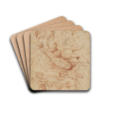 Fo en siddende mand med en skrifttavle, fn to siddende putti med skrifttavler by Callisto Piazza Drink Coasters - set of 4
