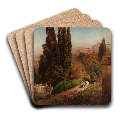 View from high in the gardens of Villa Torlonia, Frascati, Rome by Oswald Achenbach Art Drink Coaster set