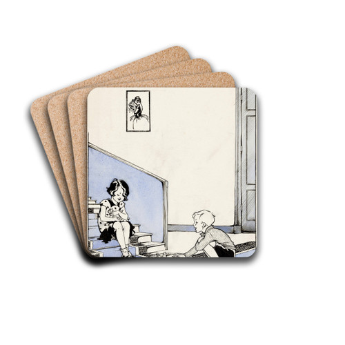 Twee kinderen bij een nest met kittens by Miep de Feijter Drink Coasters - set of 4 Twee kinderen bij een nest met kittens by Miep de Feijter Drink Coasters - set of 4