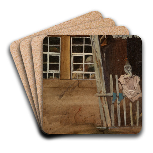 Bauernhausecke mit Gartenzaun und Huhn by Hans Thoma Art Drink Coaster set